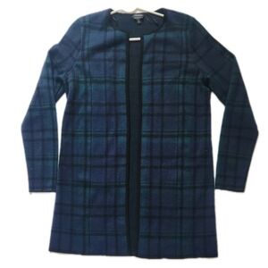 Talbots Women’s Open Front Cardigan Sweater Size M Blue Green Plaid Wool Blend